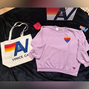 - NWT Aviator Nation Heart Stitch Relaxed Crew Mauve Large + Tote bag